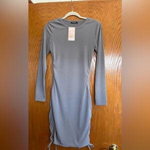 NWT Fashion Long Sleeve Rouche Bodycon Dress, Size Medium, Midi, Gray.